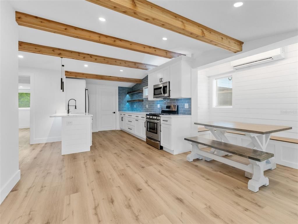 Interior, Kitchen, Recessed Lighting, Stainless Steel Appliances, Wooden Beams, Wood Texture Flooring
