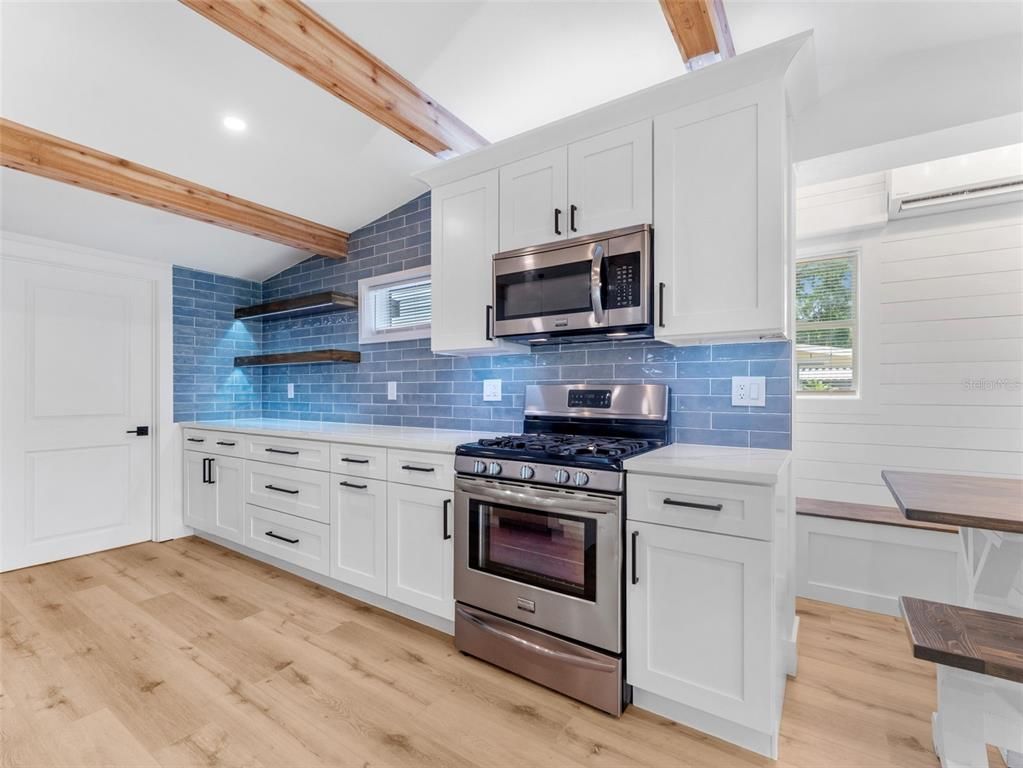 Interior, Kitchen, Recessed Lighting, Stainless Steel Appliances, Stone Walls, Wooden Beams, Wood Texture Flooring