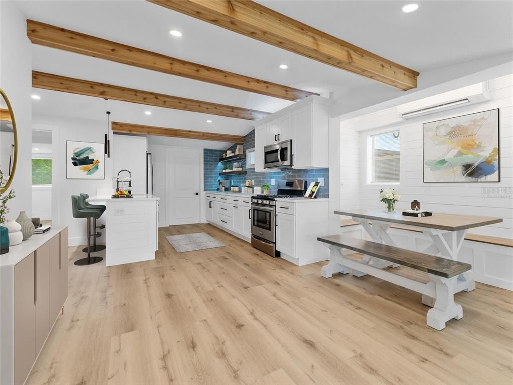 Interior, Kitchen, Recessed Lighting, Stainless Steel Appliances, Wooden Beams, Wood Texture Flooring