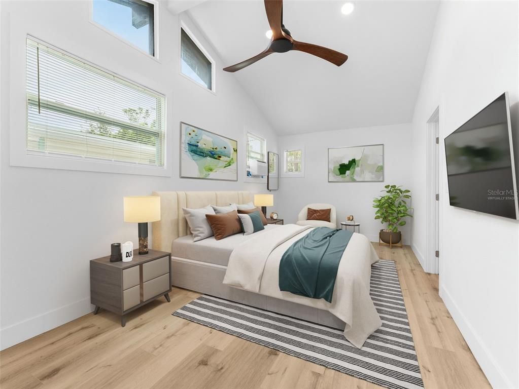 Bedroom, Interior, Recessed Lighting, Wood Texture Flooring