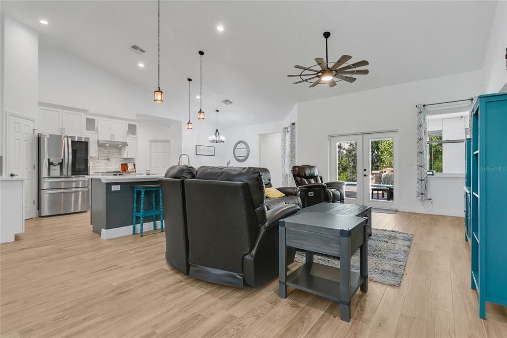 Interior, Kitchen, Living room, Pendant Lights, Recessed Lighting, Stainless Steel Appliances, Wood Texture Flooring