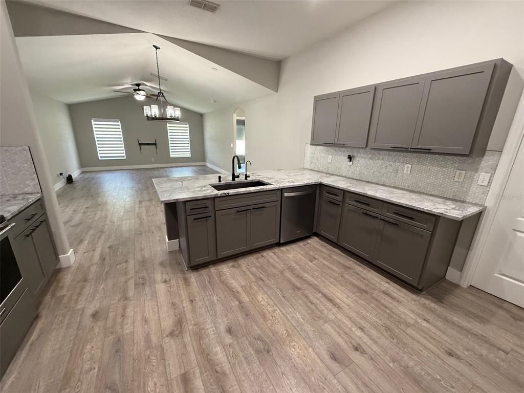 Interior, Kitchen, Pendant Lights, Wood Texture Flooring