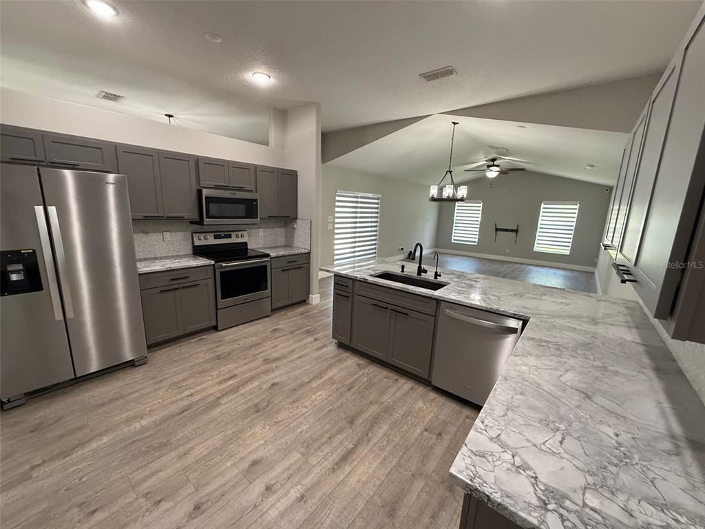 Interior, Kitchen, Pendant Lights, Recessed Lighting, Stainless Steel Appliances, Wood Texture Flooring