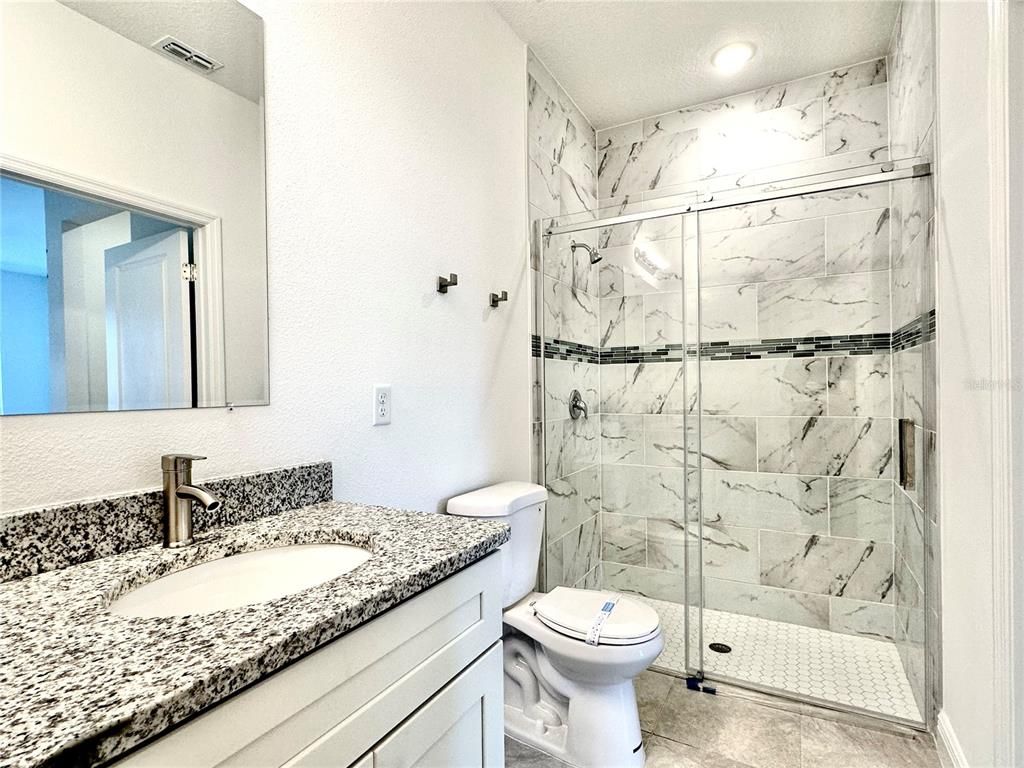 Bathroom, Glass Shower, Interior, Marble Walls, Recessed Lighting