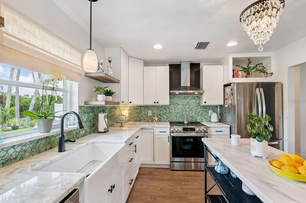 Chandelier, Interior, Kitchen, Pendant Lights, Recessed Lighting, Stainless Steel Appliances, Wood Texture Flooring