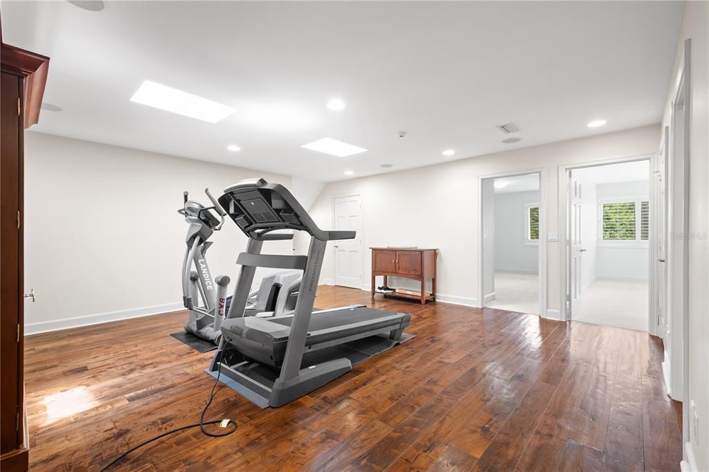 Fitness Equipment, Gym, Interior, Recessed Lighting, Wood Texture Flooring
