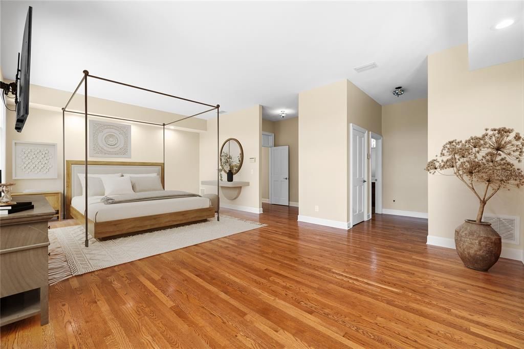 Bedroom, Interior, Recessed Lighting, Wood Texture Flooring