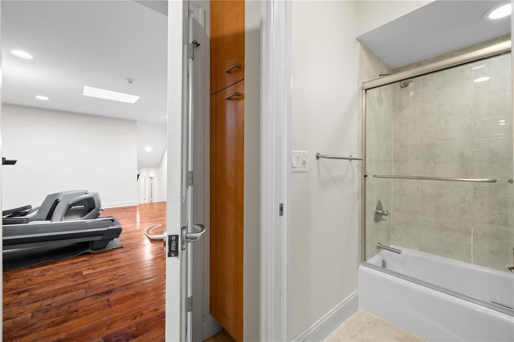 Bathroom, Glass Shower, Interior, Recessed Lighting, Wood Texture Flooring