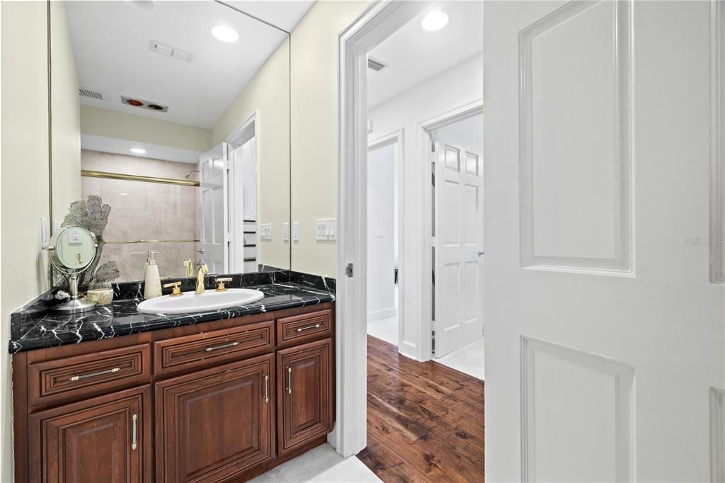 Bathroom, Interior, Recessed Lighting, Wood Texture Flooring