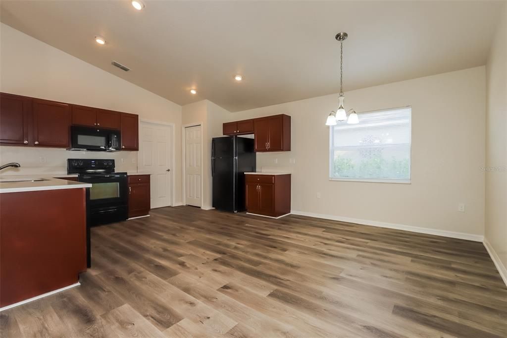 Interior, Kitchen, Pendant Lights, Recessed Lighting, Wood Texture Flooring