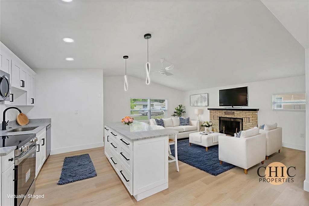 Fireplace, Interior, Kitchen, Living room, Pendant Lights, Recessed Lighting, Wood Texture Flooring