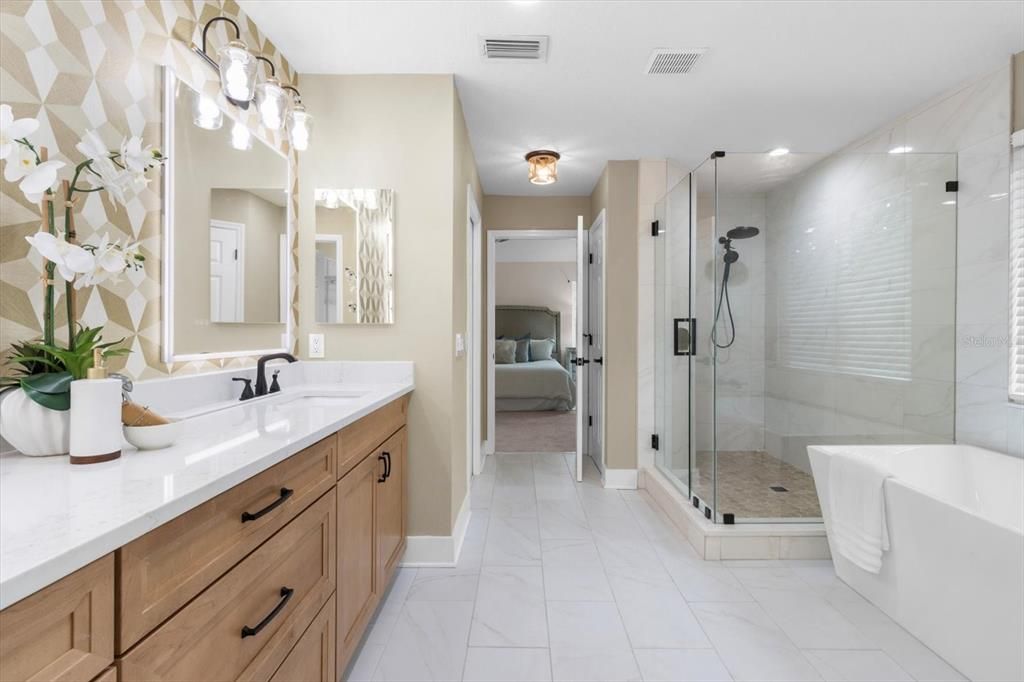 Bathroom, Bedroom, Dual Sink Vanities, Glass Shower, Interior, Marble, Marble Walls, Recessed Lighting