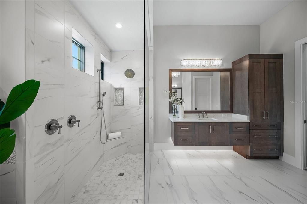 Bathroom, Glass Shower, Interior, Marble, Marble Walls, Recessed Lighting