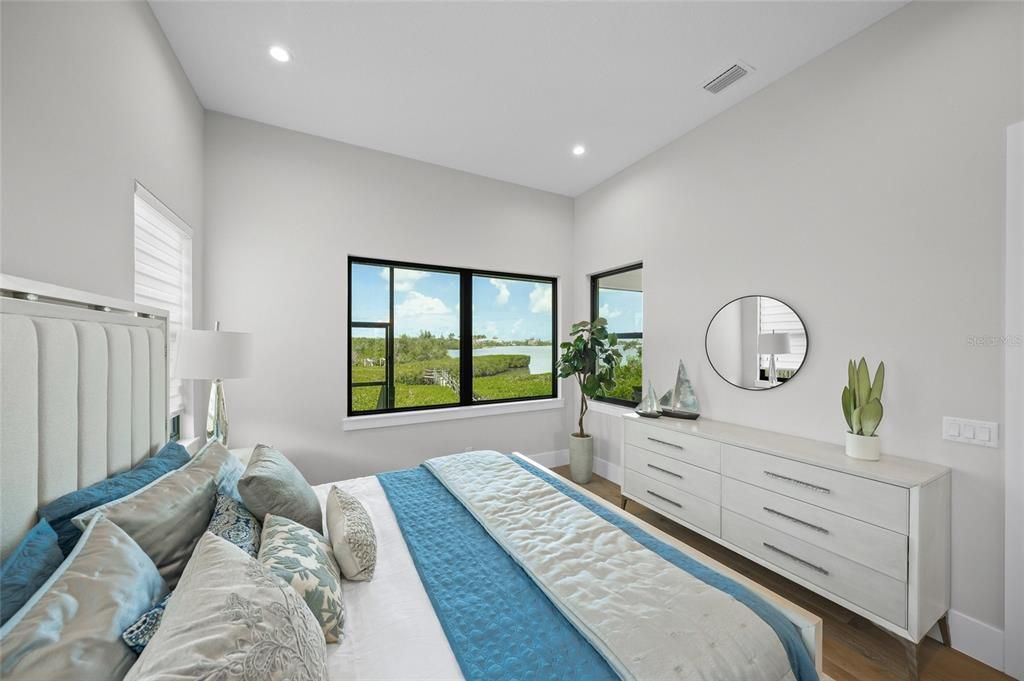 Bedroom, Interior, Recessed Lighting, Water, Wood Texture Flooring