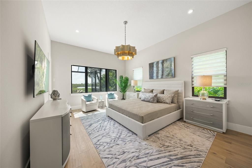 Bedroom, Interior, Pendant Lights, Recessed Lighting, Wood Texture Flooring