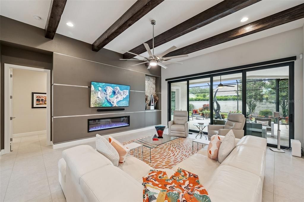 Fireplace, Interior, Living room, Recessed Lighting, Wooden Beams