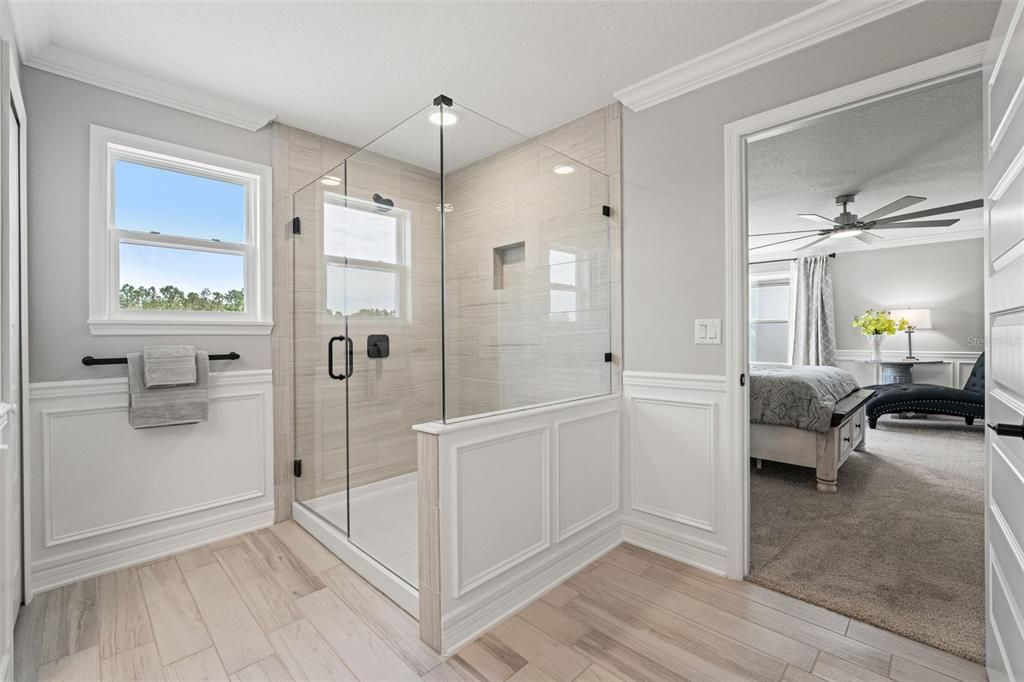 Bathroom, Bedroom, Glass Shower, Interior, Wood Texture Flooring