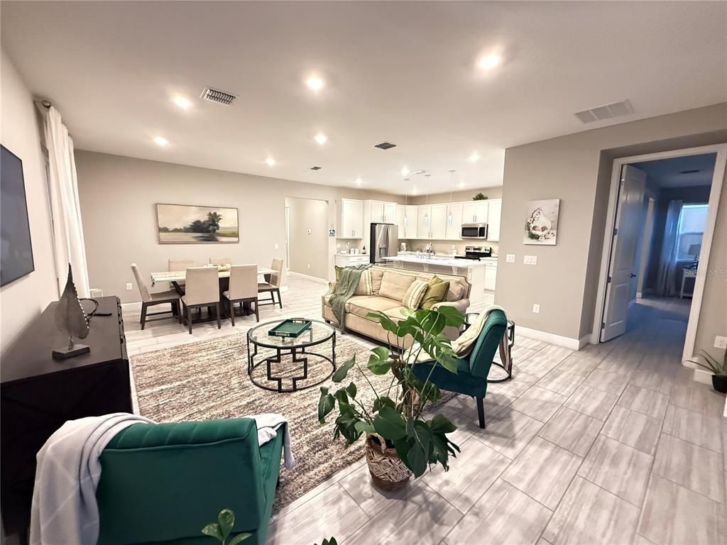 Dining room, Interior, Kitchen, Living room, Pendant Lights, Recessed Lighting, Stainless Steel Appliances, Wood Texture Flooring