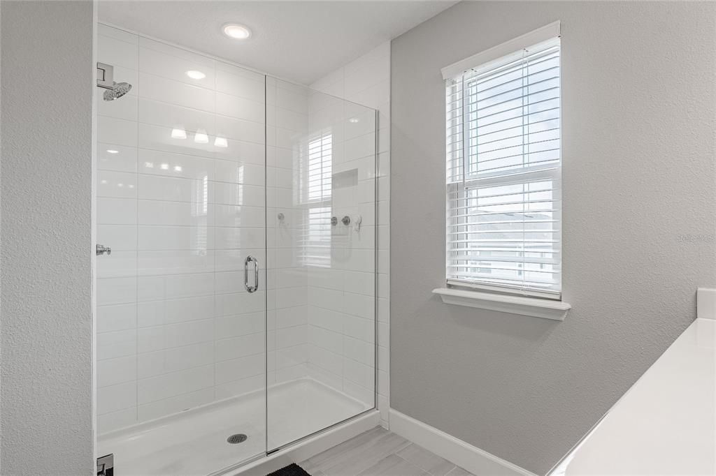 Bathroom, Glass Shower, Interior, Recessed Lighting, Wood Texture Flooring