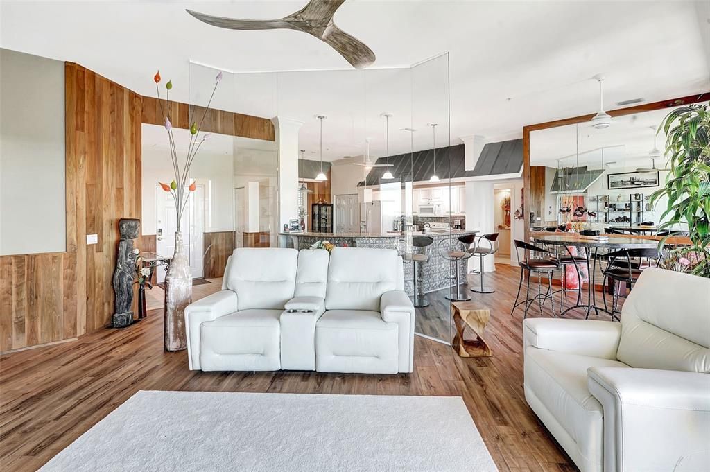 Dining room, Interior, Kitchen, Living room, Pendant Lights, Wood Texture Flooring