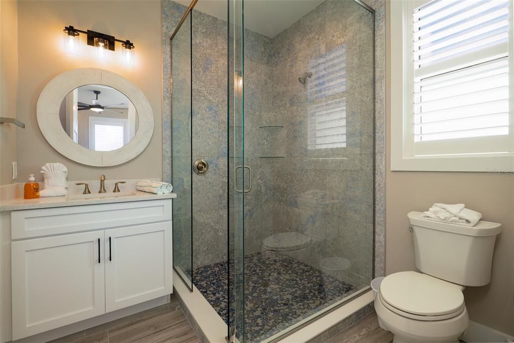 Bathroom, Glass Shower, Interior, Wood Texture Flooring