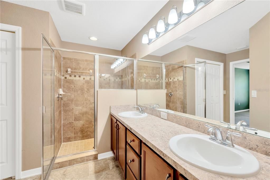 Bathroom, Dual Sink Vanities, Glass Shower, Interior, Recessed Lighting