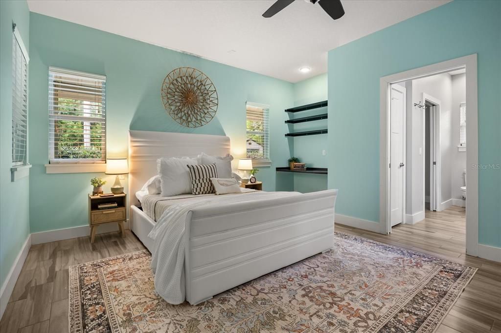 Bedroom, Interior, Recessed Lighting, Wood Texture Flooring