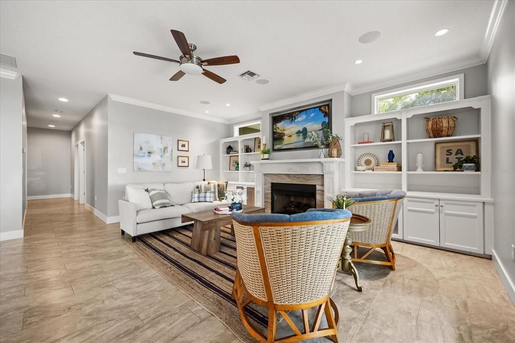 Dining room, Fireplace, Interior, Living room, Recessed Lighting