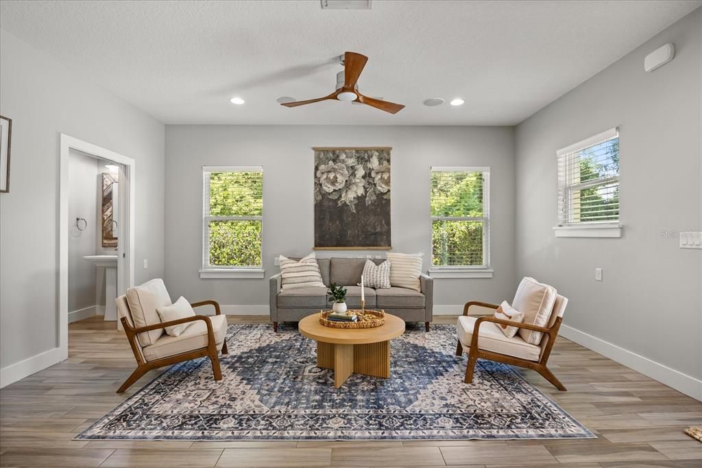 Interior, Living room, Recessed Lighting, Wood Texture Flooring