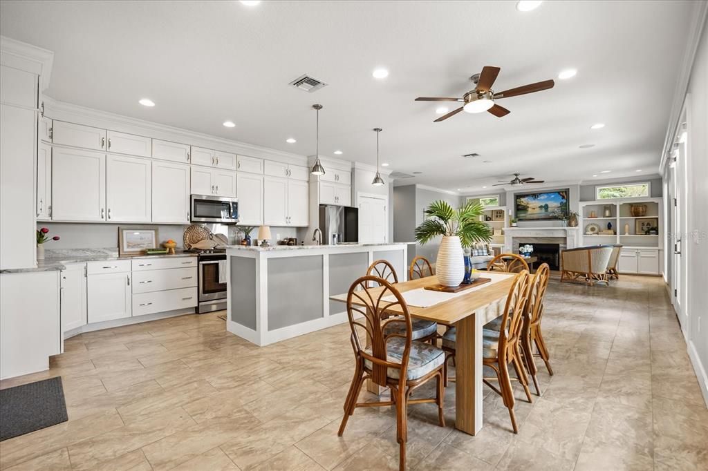 Dining room, Fireplace, Interior, Kitchen, Pendant Lights, Recessed Lighting, Stainless Steel Appliances