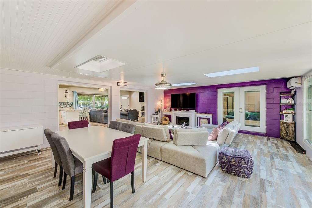 Dining room, Fireplace, Interior, Living room, Wood Texture Flooring