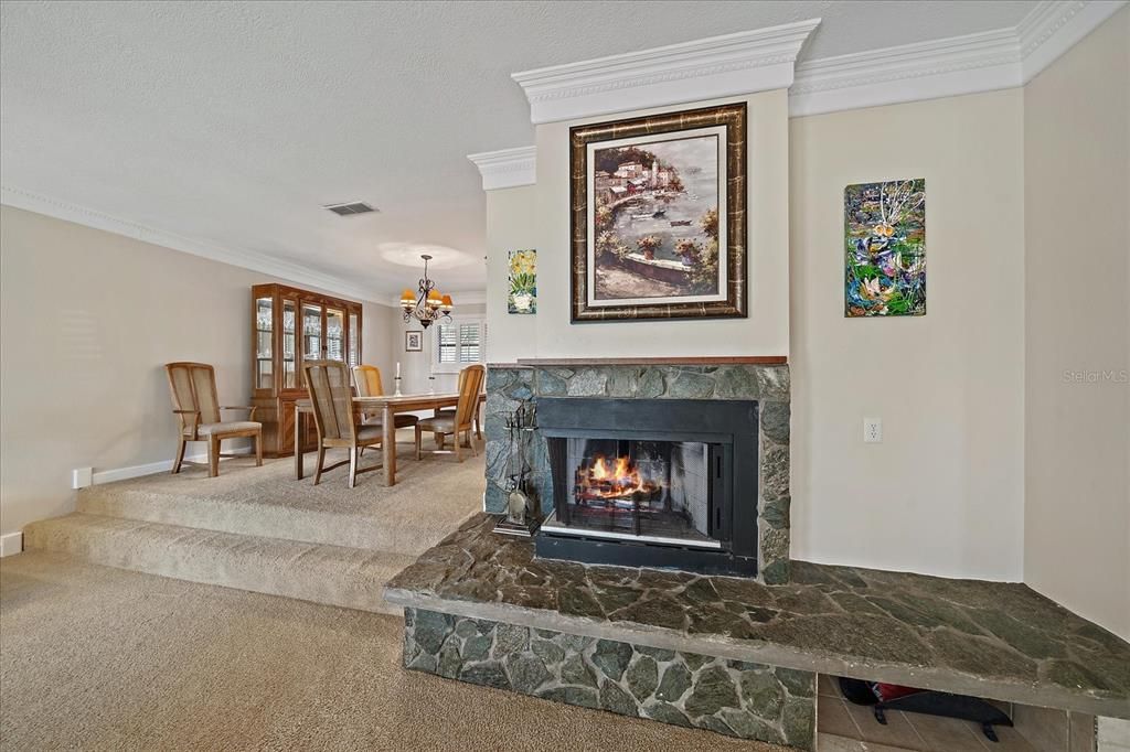 Chandelier, Dining room, Fireplace, Interior