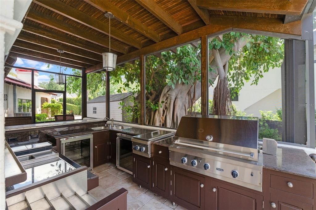 Exterior, Outdoor Kitchen, Pendant Lights, Stainless Steel Appliances, Wooden Beams