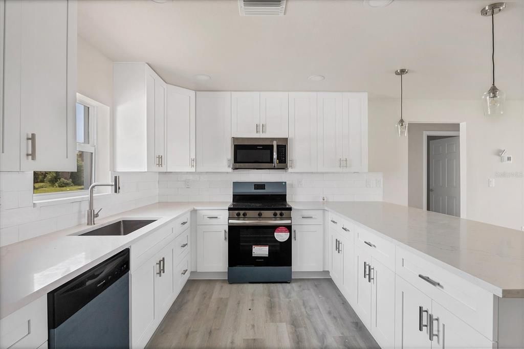 Interior, Kitchen, Pendant Lights, Stainless Steel Appliances, Wood Texture Flooring