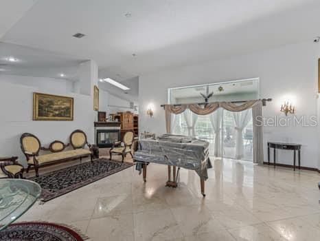 Fireplace, Interior, Marble, Piano, Recessed Lighting