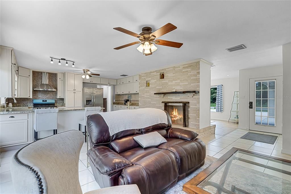 Fireplace, Interior, Kitchen, Living room, Stainless Steel Appliances, Stone Walls