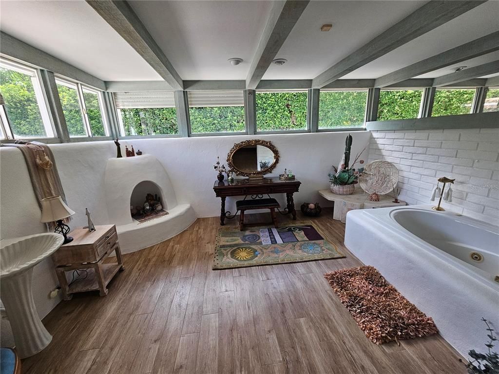 Fireplace, Interior, Piano, Stone Walls, Wood Texture Flooring