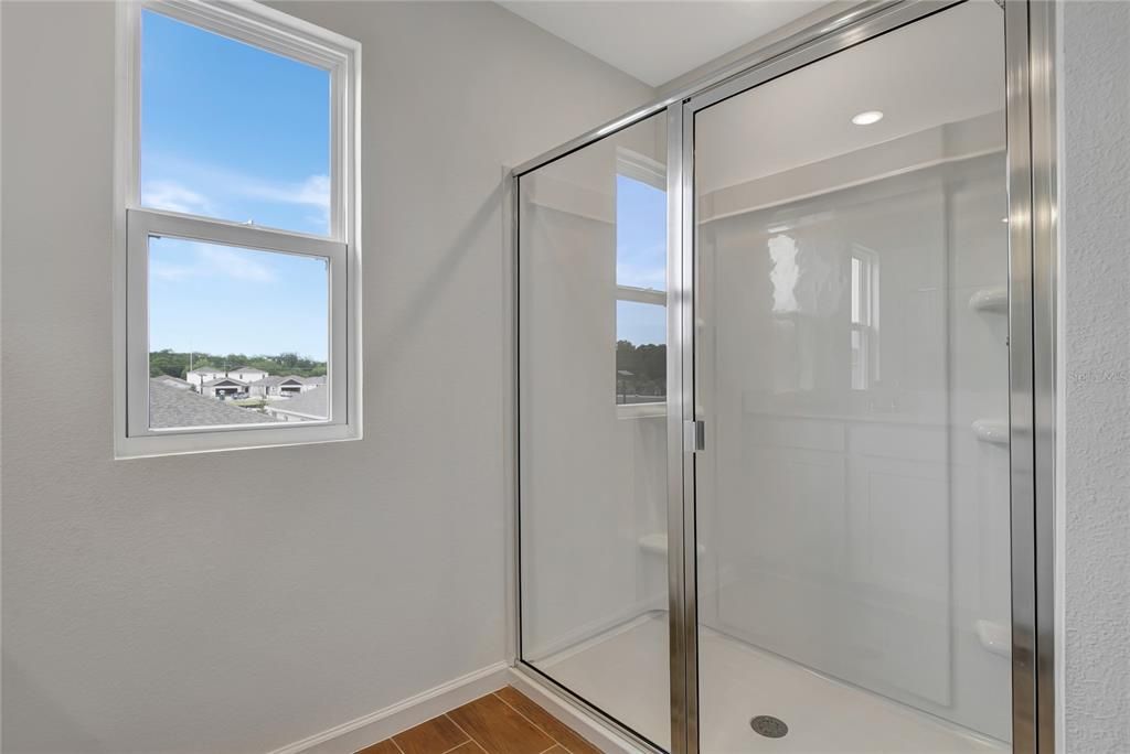 Bathroom, Glass Shower, Interior, Recessed Lighting, Wood Texture Flooring