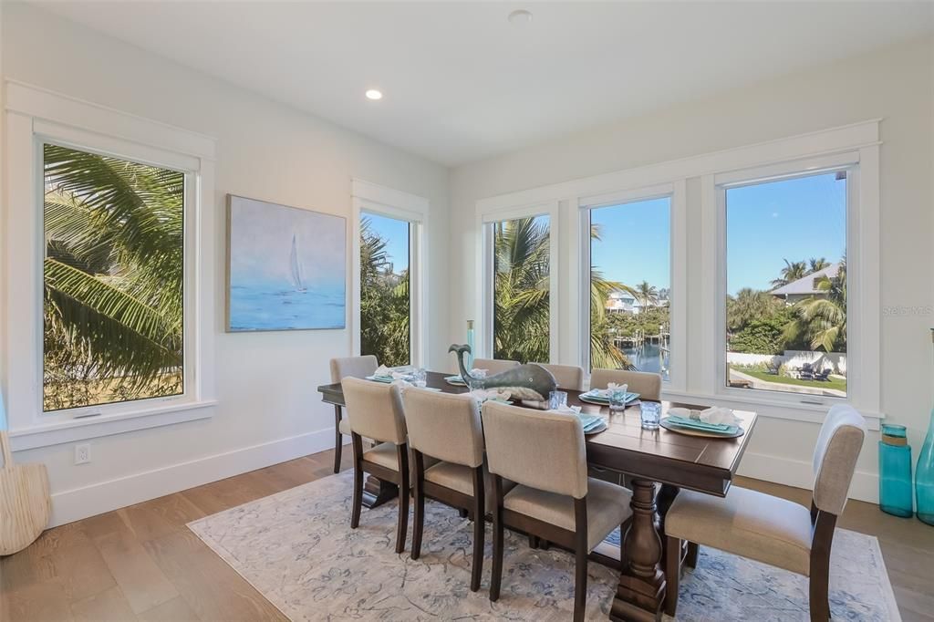 Dining room, Interior, Recessed Lighting, Wood Texture Flooring