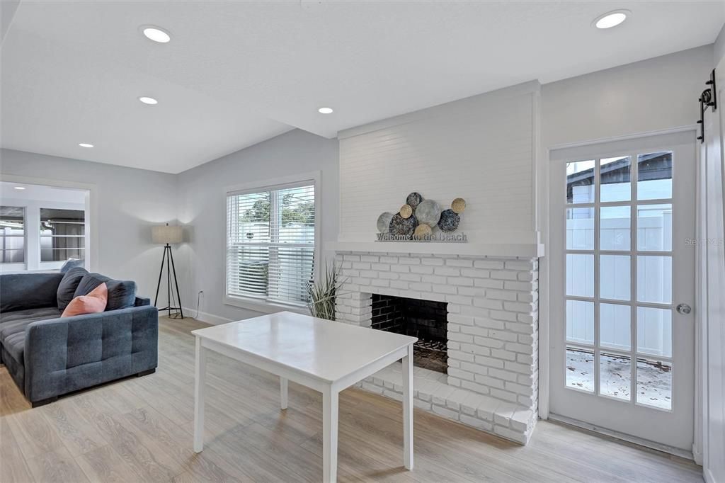 Fireplace, Interior, Recessed Lighting, Wood Texture Flooring