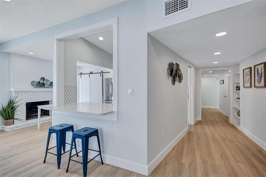 Fireplace, Interior, Recessed Lighting, Wood Texture Flooring