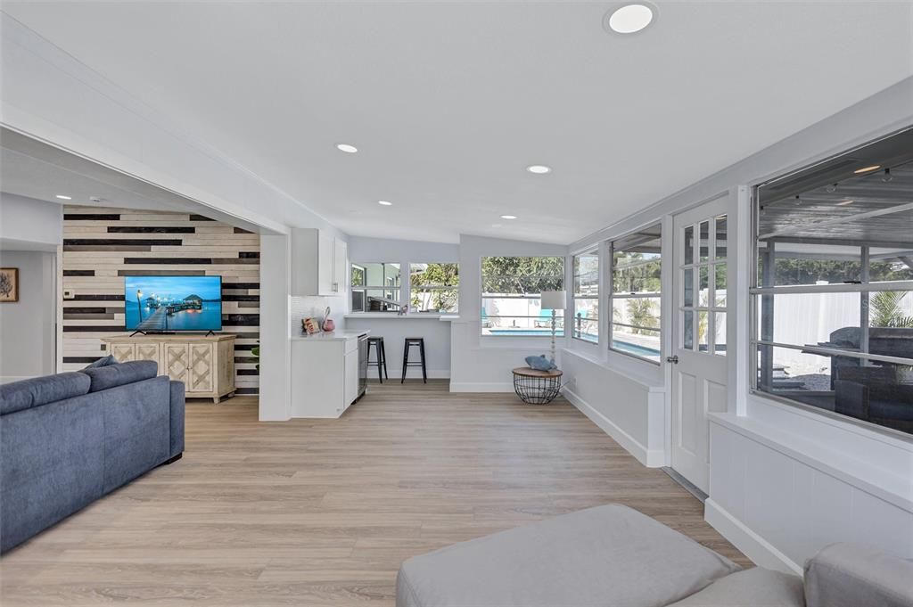 Interior, Kitchen, Recessed Lighting, Wood Texture Flooring, Wooden Walls