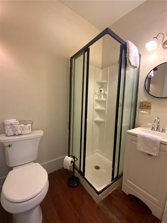 Bathroom, Glass Shower, Interior, Wood Texture Flooring