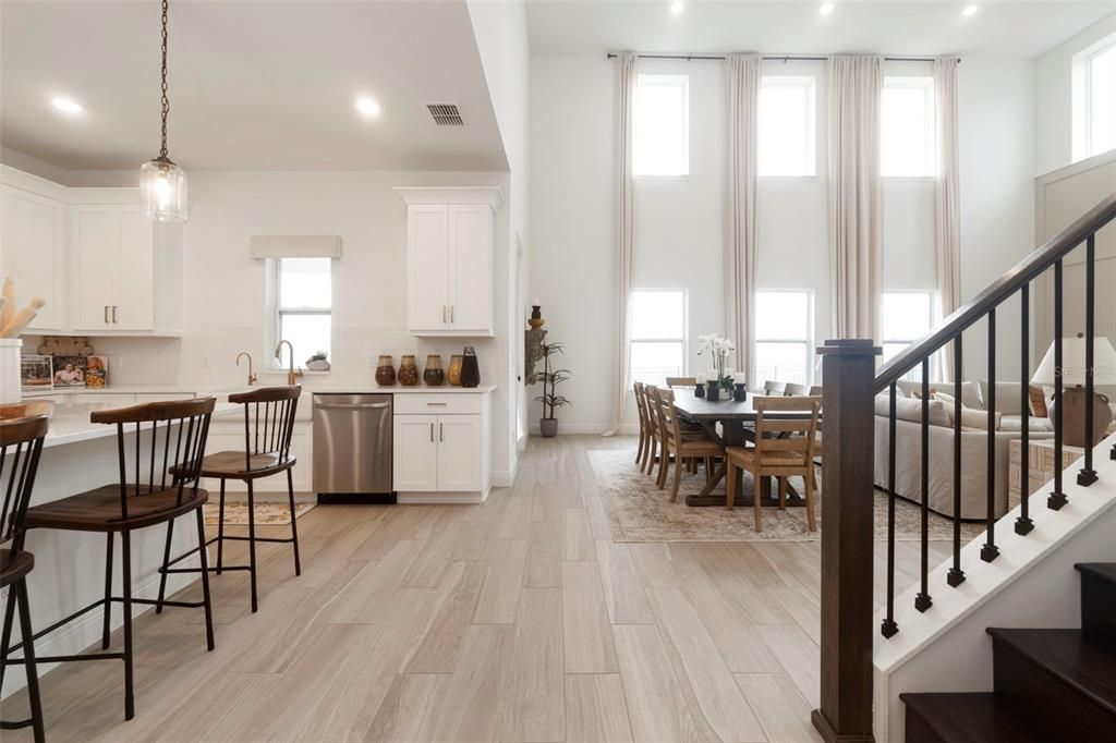 Dining room, Interior, Kitchen, Pendant Lights, Recessed Lighting, Stainless Steel Appliances, Wood Texture Flooring