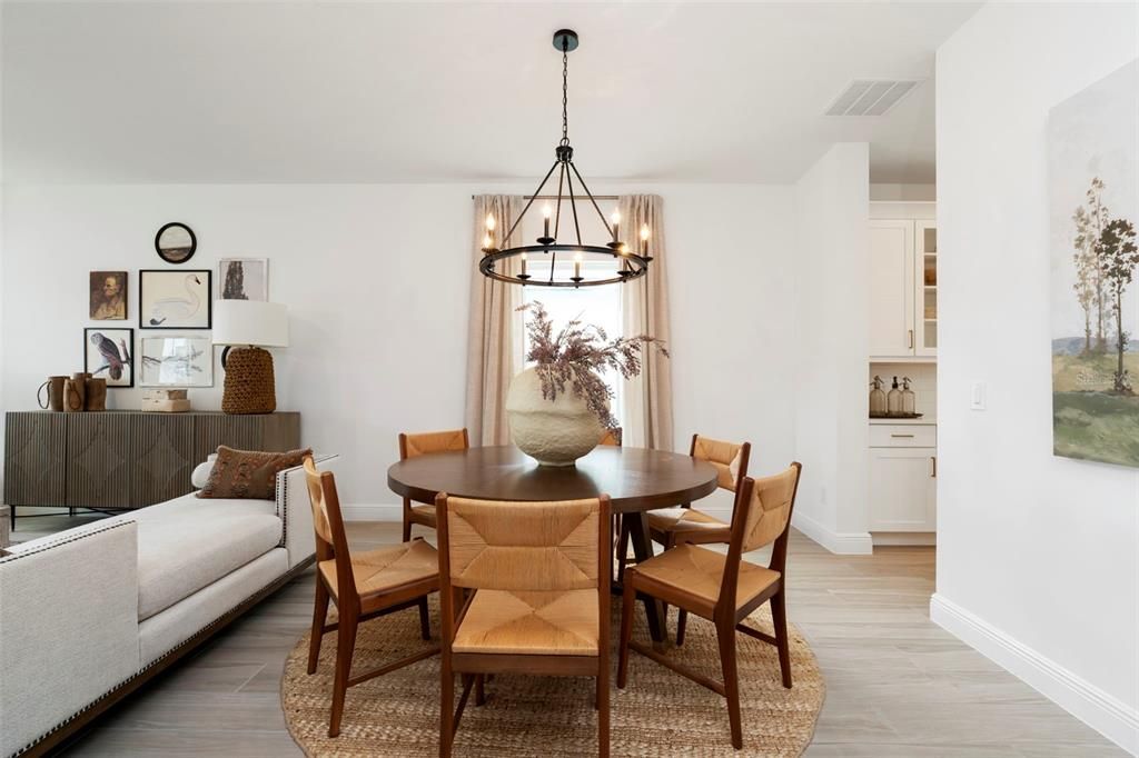 Dining room, Interior, Pendant Lights, Wood Texture Flooring