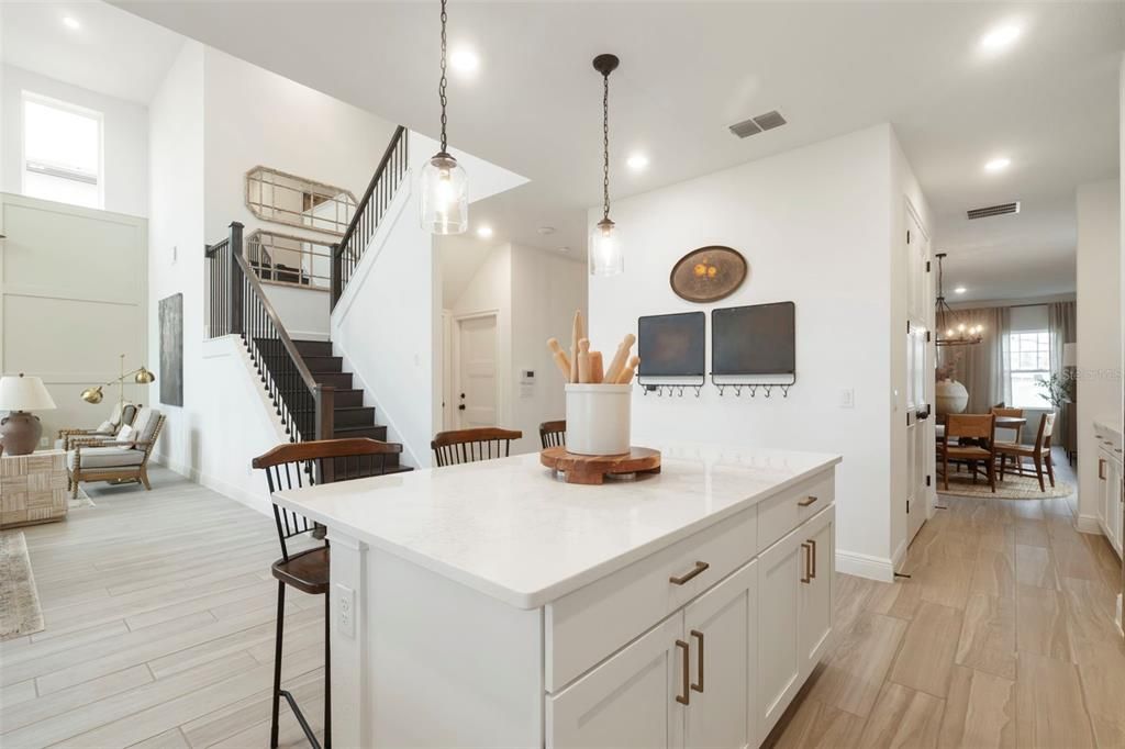 Dining room, Interior, Pendant Lights, Recessed Lighting, Wood Texture Flooring