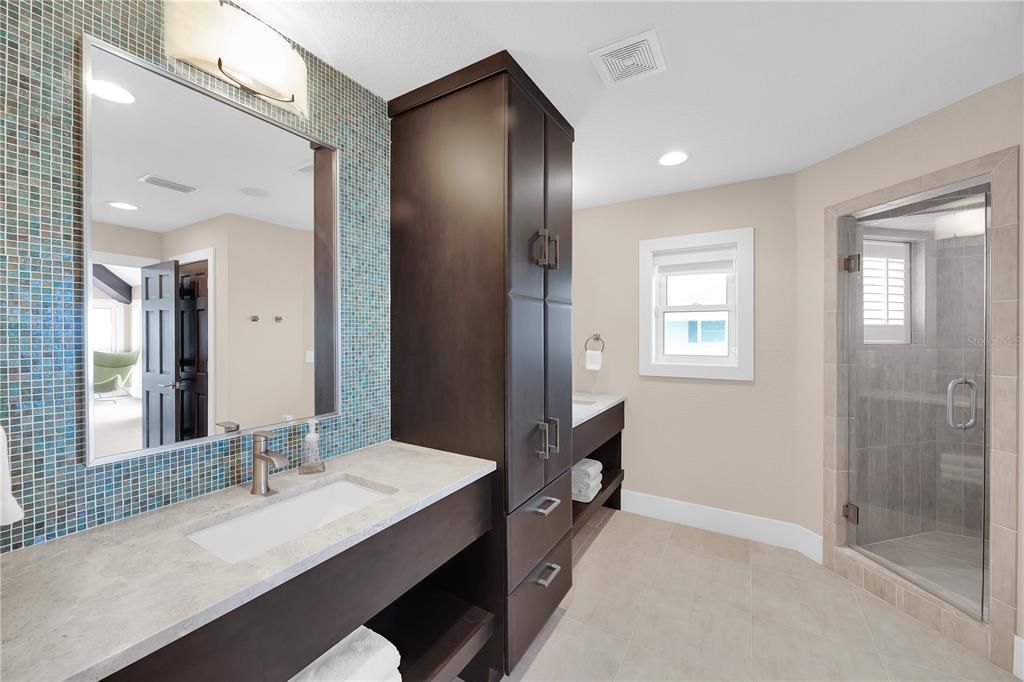 Bathroom, Dual Sink Vanities, Glass Shower, Interior, Recessed Lighting