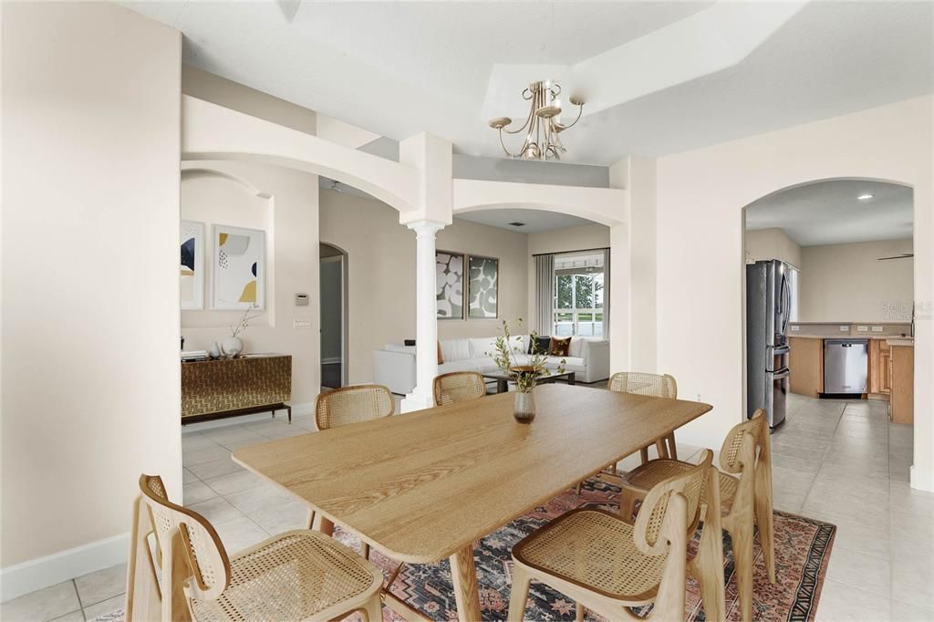 Chandelier, Dining room, Interior, Kitchen, Living room, Recessed Lighting, Stainless Steel Appliances