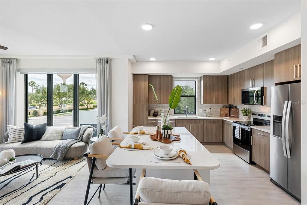 Dining room, Interior, Kitchen, Living room, Recessed Lighting, Stainless Steel Appliances, Wood Texture Flooring