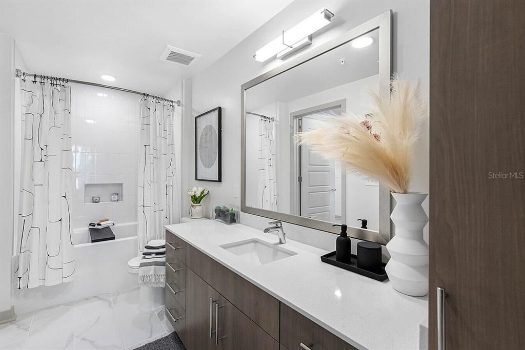 Bathroom, Dual Sink Vanities, Interior, Marble, Recessed Lighting